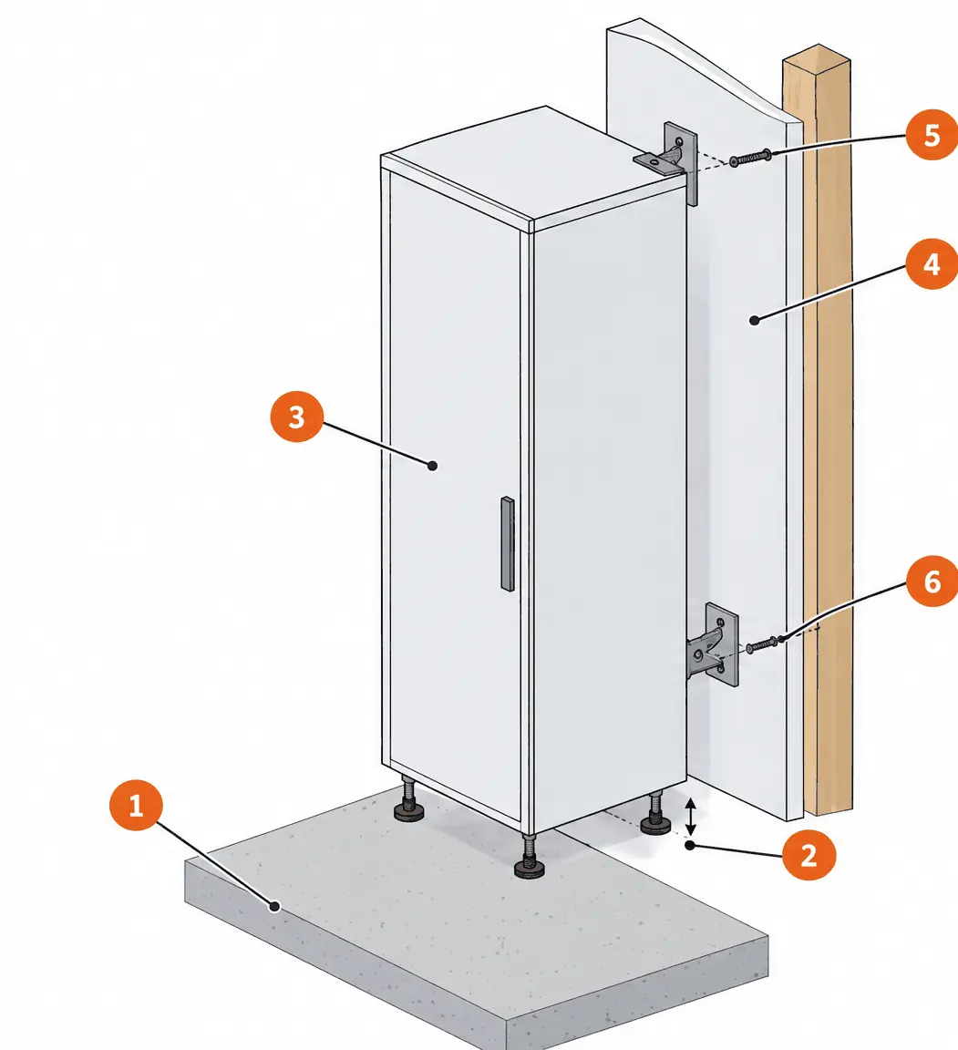 Diagram: side view of a tall floor cabinet on leveling legs with a bracket and screw anchoring its top rail to a wall stud